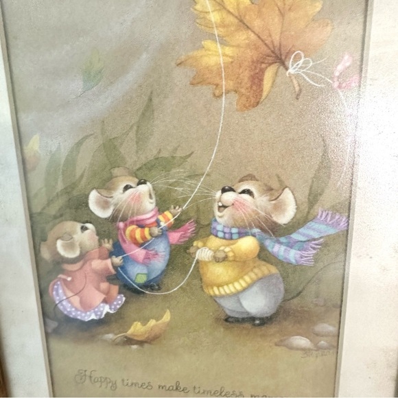 Vtg “Happy Times Make Timeless Memories” Cute Mouse Art Autumn Leaf Wood Framed - Picture 2 of 8